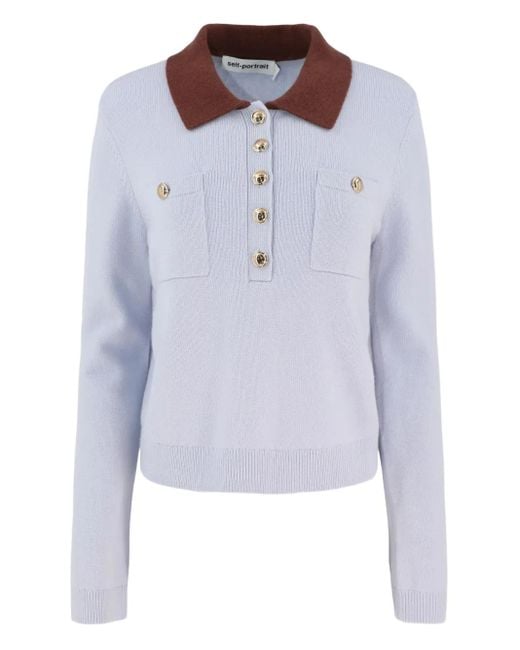 Self-Portrait Blue Patch-Pockets Knitted Polo Top