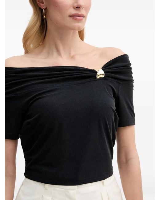 Guess Black Off-Shoulder Ribbed-Knit T-Shirt