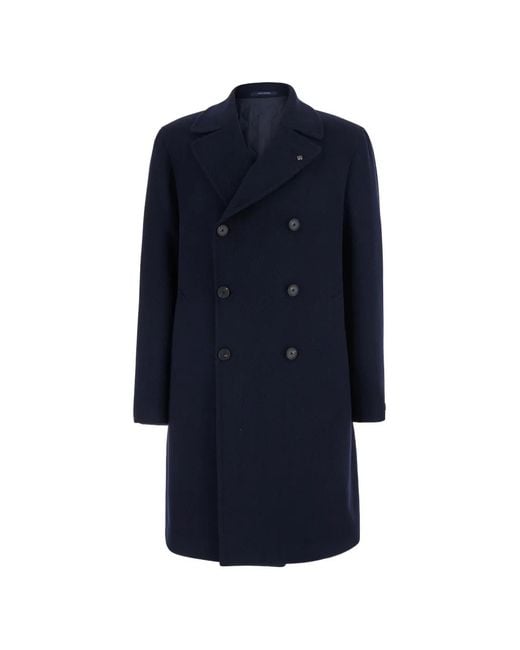Tagliatore Blue Double-Breasted Twill-Weave Coat for men
