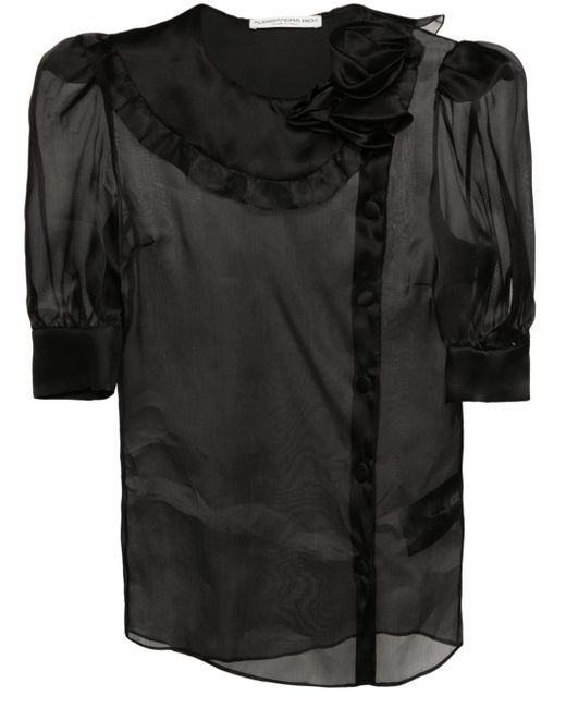 Alessandra Rich Black Floral-appliqué Silk Blouse