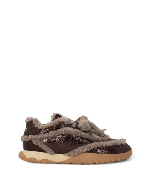 Pinko Brown Cracked-Effect Shearling-Trim Sneakers