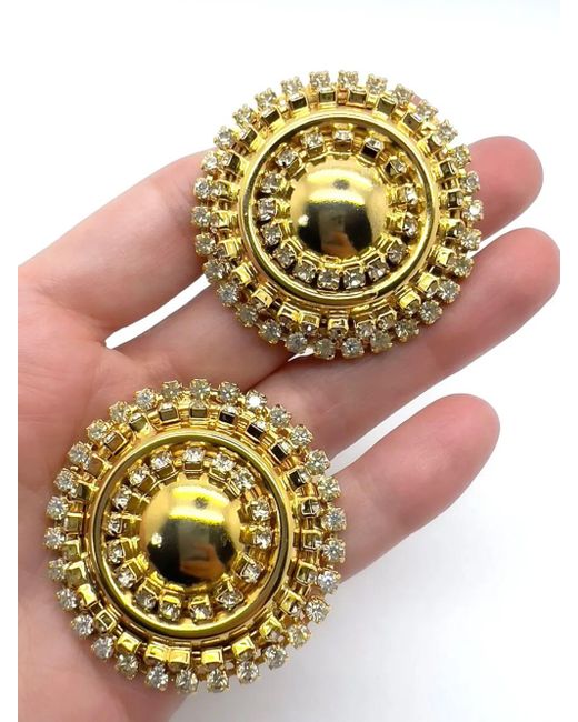 JENNIFER GIBSON JEWELLERY Metallic Vintage Gold & Crystal Statement Bullseye Earrings 1980s