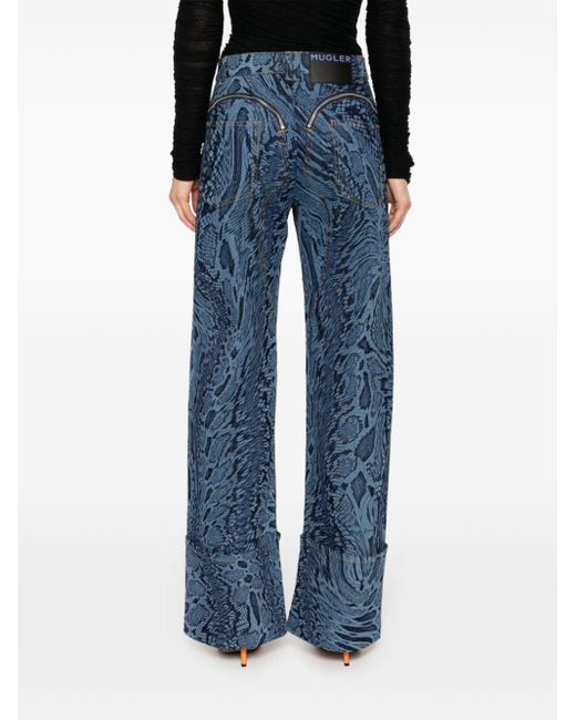 Mugler Blue Snakeskin-print Straight Jeans