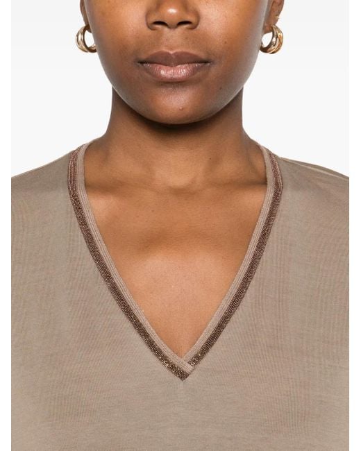 Fabiana Filippi Natural Embellished V-Neck Jersey Top