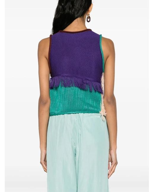 Forte_forte Purple Colour-Block Frayed Knitted Top