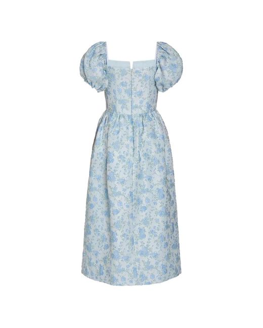 Markarian Blue Lilian Floral-Brocade Puffed-Sleeve Midi Dress