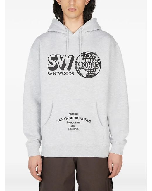 SAINTWOODS Gray Graphic-Print Hooded Hoodie for men
