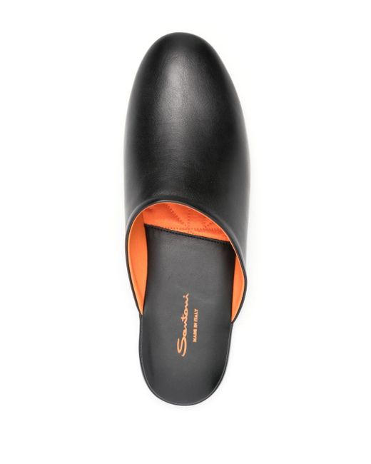 Santoni Black Smooth Leather Slippers for men