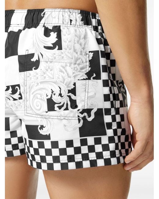 Versace White Barocco-motif Checkerboard-print Swim Shorts for men