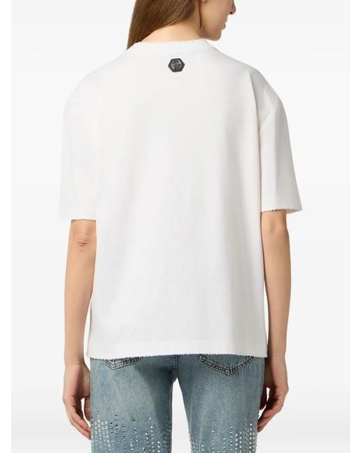 Philipp Plein White Destroyed Rhinestone T-Shirt