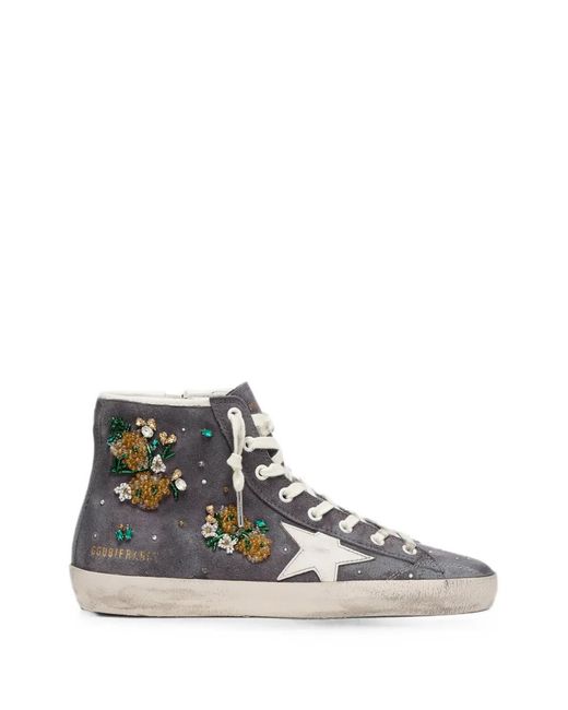 Golden Goose Deluxe Brand White Francy Suede Upper With Crystals And Flowers-Beads Embroidery Leather Star
