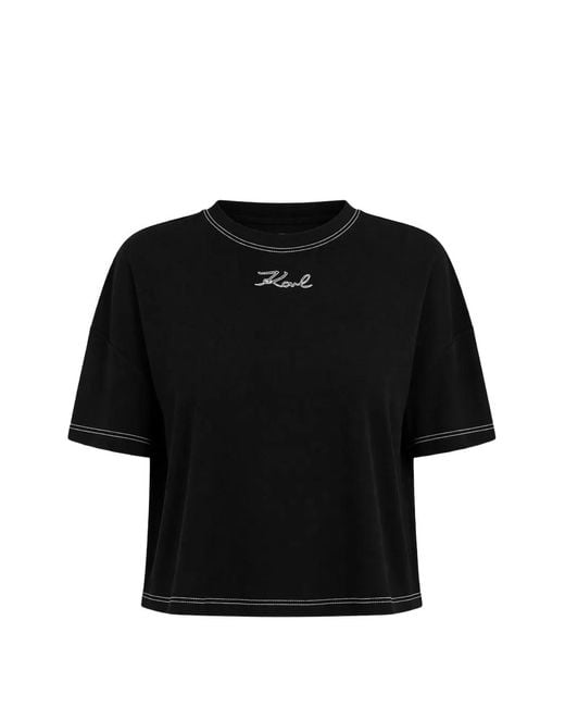 Karl Lagerfeld Black Contrast-Stitch Logo-Embroidered T-Shirt