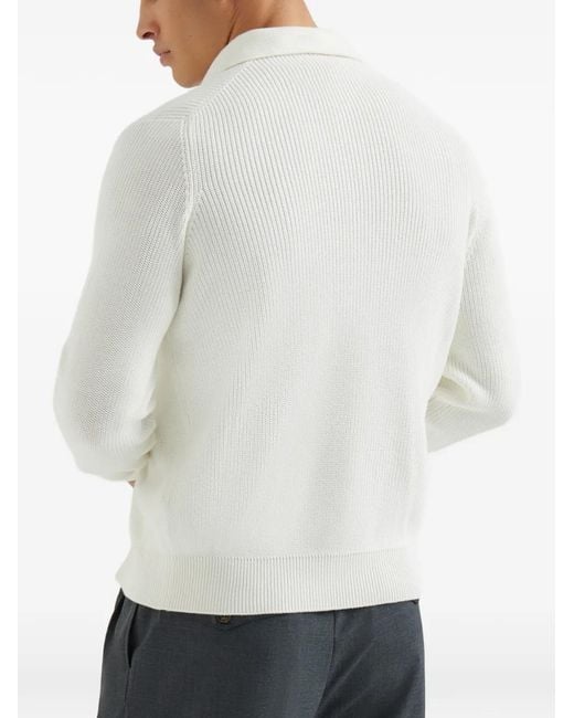 Brunello Cucinelli White Half English Rib Knit Cardigan for men