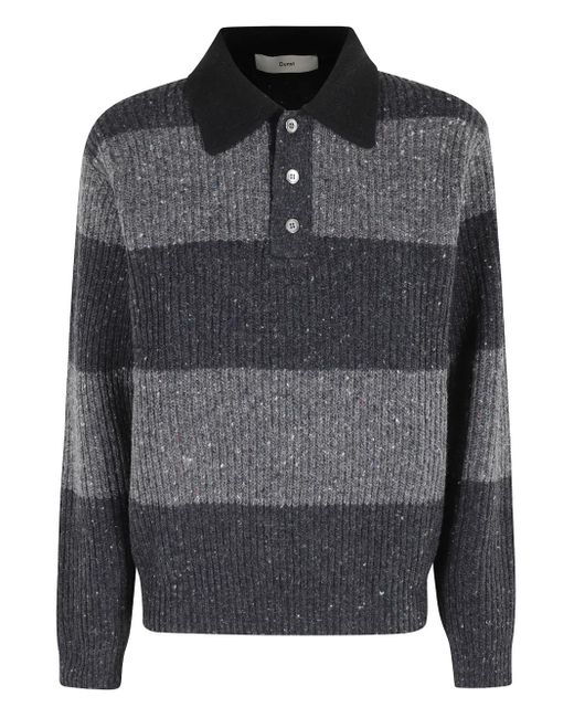 DUNST Gray Chunky Rugby Striped Polo-Collar Sweater