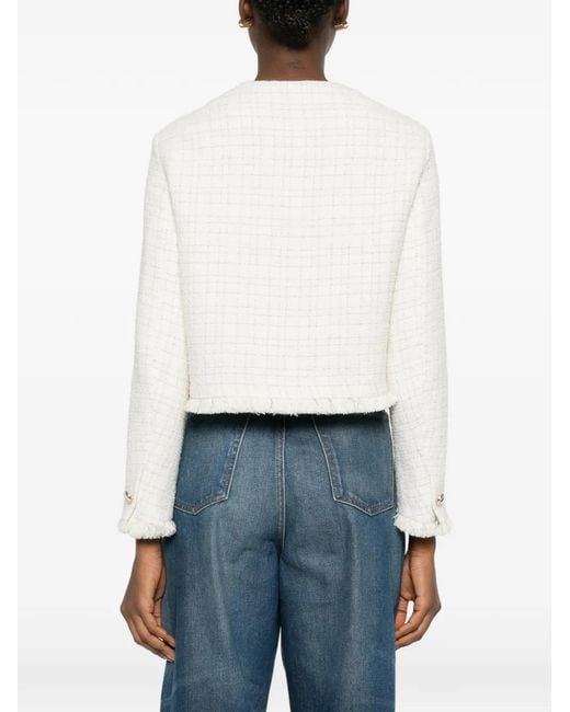 Maje White Fringed Buttoned Tweed Jacket