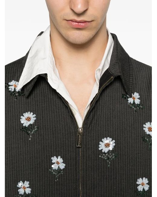 Honor The Gift Black Floral-Embroidered Pinstripe Overshirt for men