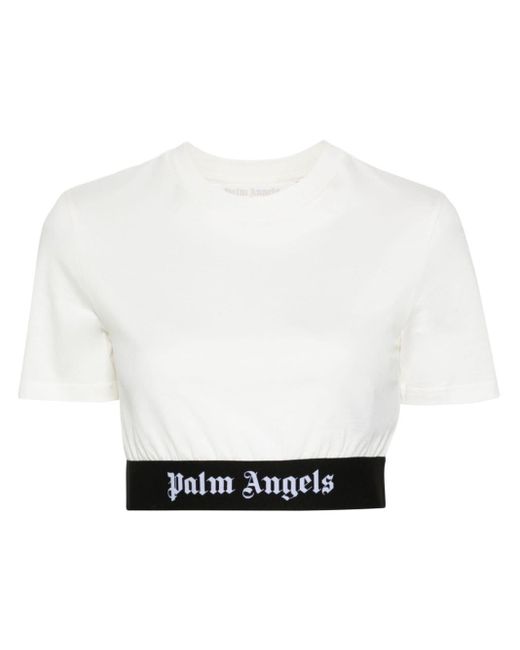 Camiseta corta con franja del logo Palm Angels de color White