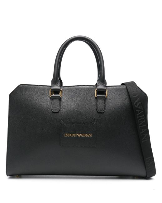 Emporio Armani Black Logo-lettering Leather Laptop Bag for men