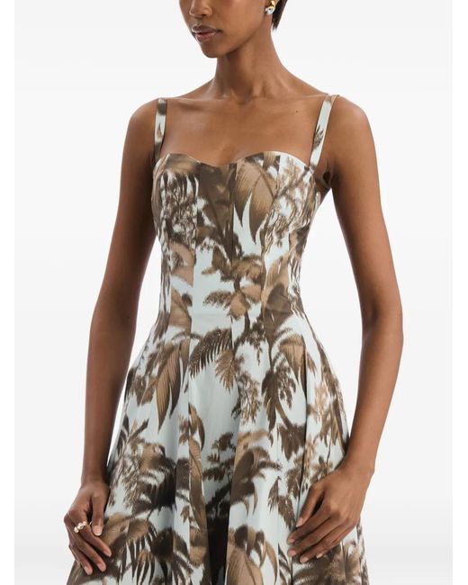 Oscar de la Renta White Chiné Palm Leaves Cotton Poplin Dress