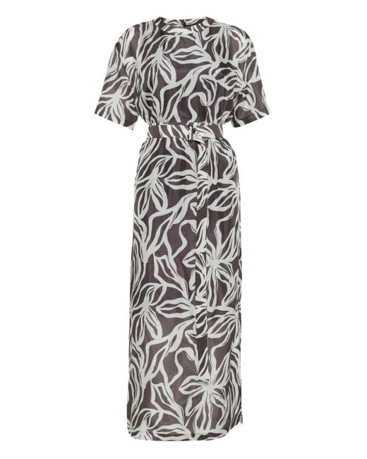 Brunello Cucinelli Gray Floral-Print Monili-Detail Maxi Dress