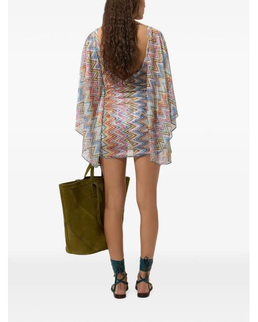 Missoni White Zigzag-Knit Cape-Sleeve Beach Dress