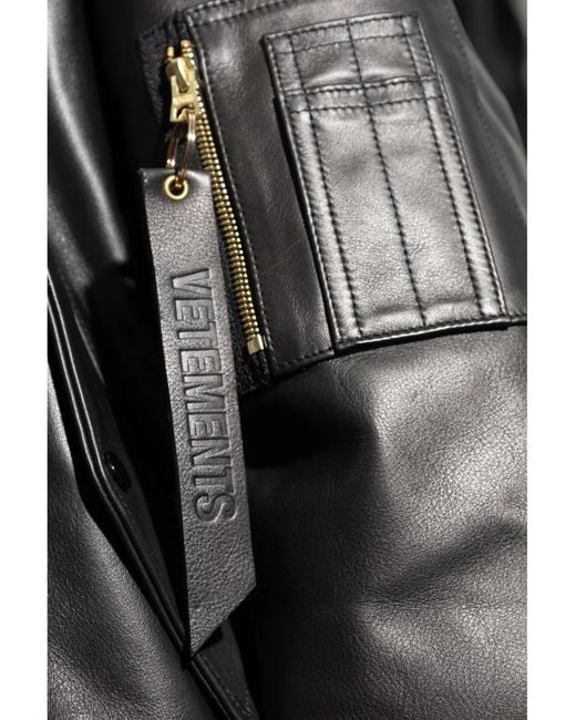 Vetements Black Leather Bomber Jacket for men