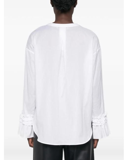 Max Mara White Ruffled-Cuff V-Neck Shirt