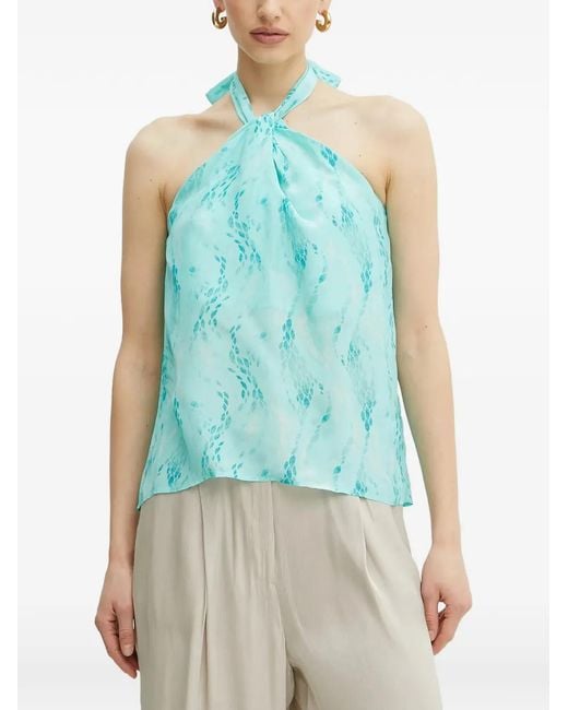 Fracomina Blue Halterneck Leaf-Print Top