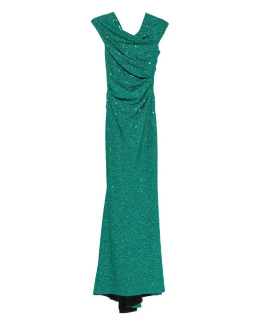 Talbot Runhof Green Draped Sequin-Embellished Dress