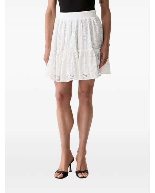 Morgan White Lace-Patterned Ruffled Mini Skirt