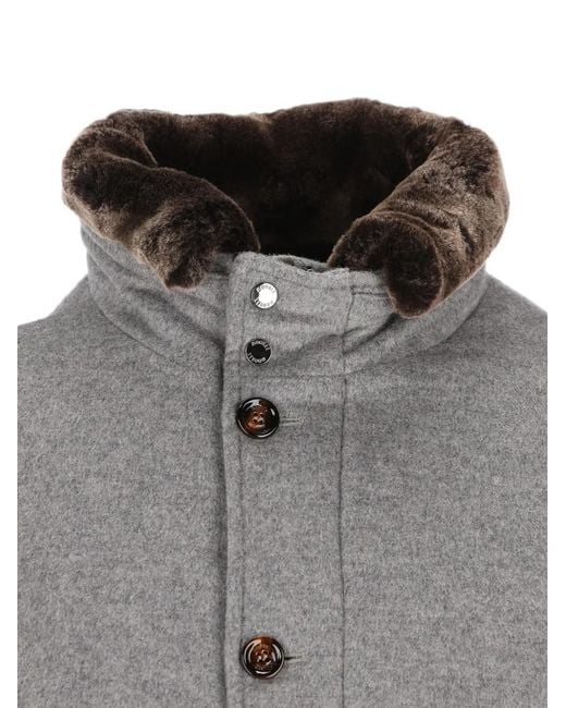 Moorer Gray Ribbed-Knit Sleeve Fur-Collar Jacket for men
