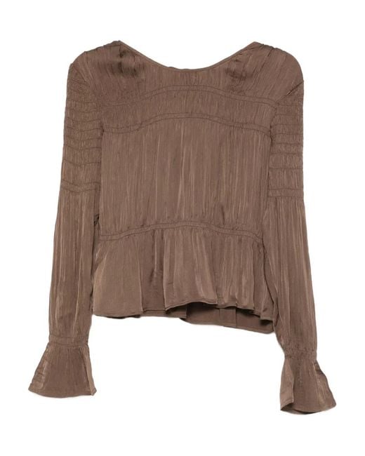 By Malene Birger Brown Smocked-Effect Long-Sleeve Blouse