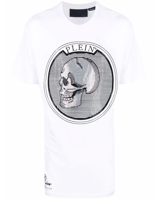 Philipp Plein Gray Outline Skull Crystal Cotton T-Shirt for men