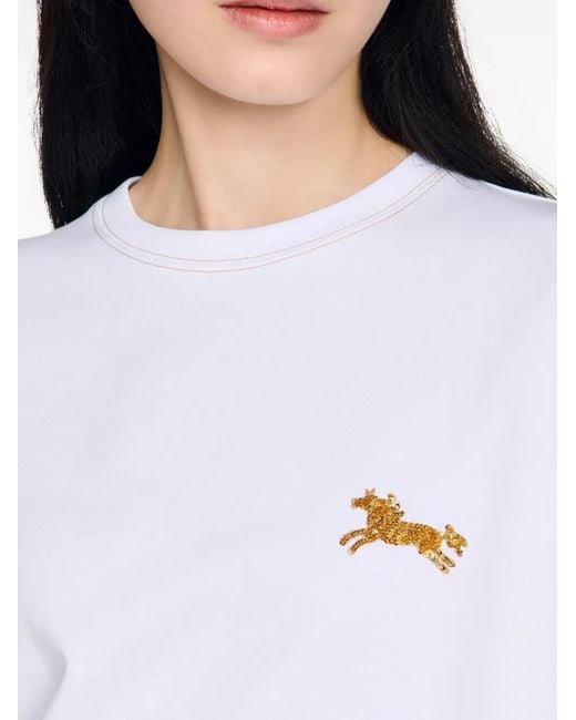 Sandro White Horse-Embroidery T-Shirt