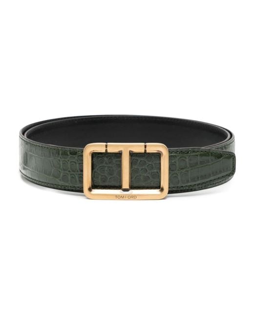 Tom Ford Black Green T-plaque Leather Belt - Men's - Calf Leather for men