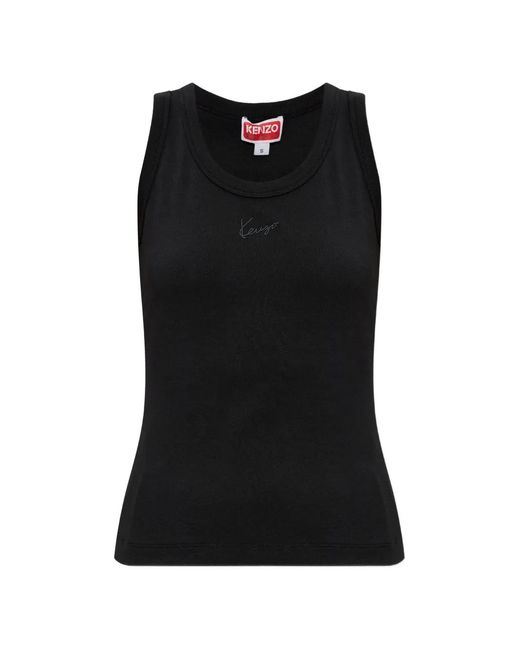 KENZO Black Signature Logo-Embroidered Ribbed Cotton Top