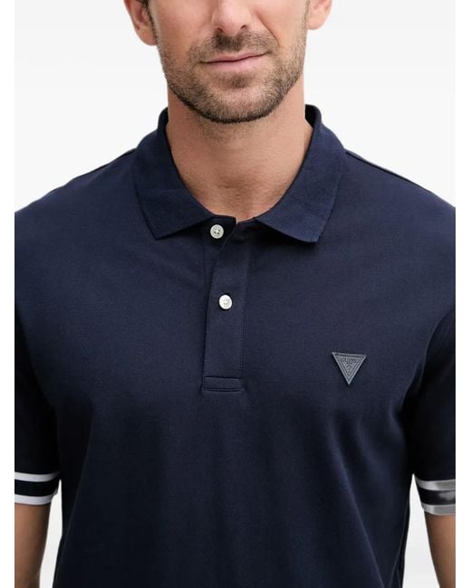Guess Blue Logo-Patch Striped-Trim Polo Shirt for men