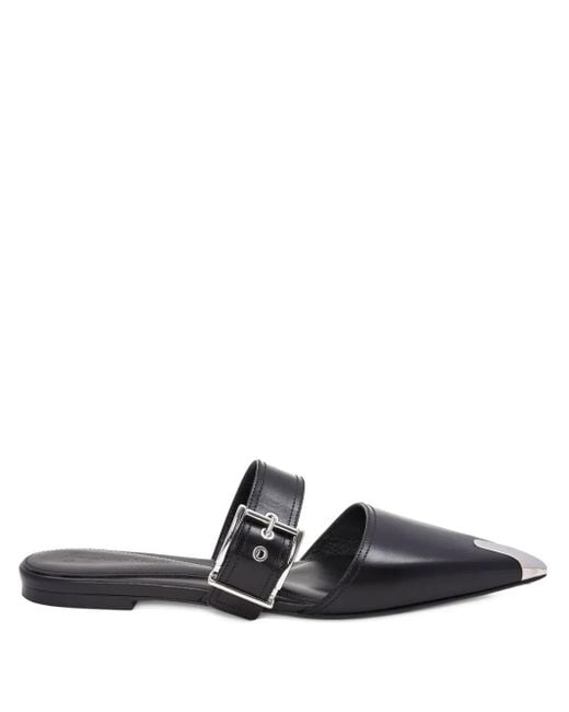 McQueen Black Buckled Leather Mules