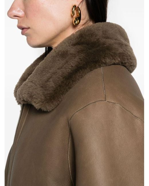 Liska Brown Spread-collar Leather Coat