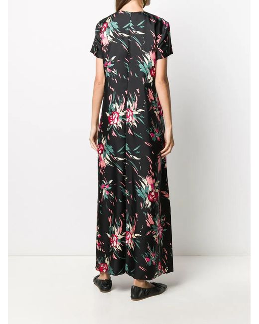 LaDoubleJ Black Floral Print Long Silk Dress