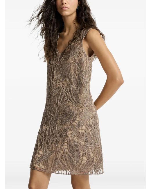 Brunello Cucinelli Brown Linen And Cotton Dazzling Cacao Leaves Embroidery Mini Dress