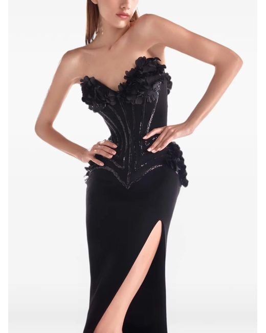 Gaby Charbachy Black Sequin-Embellished Floral-Appliqué Maxi Dress