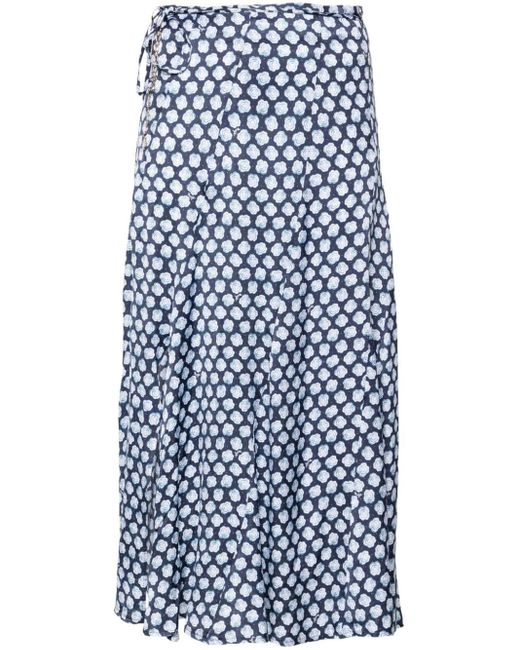 Maje Blue Clover-print Satin Midi Skirt