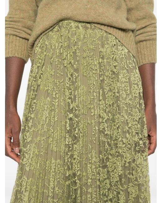 Ermanno Scervino Green Floral-Lace Pleated Midi Skirt