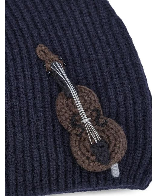 Charles Jeffrey Blue Ribbed Violin-Patch Beanie Hat