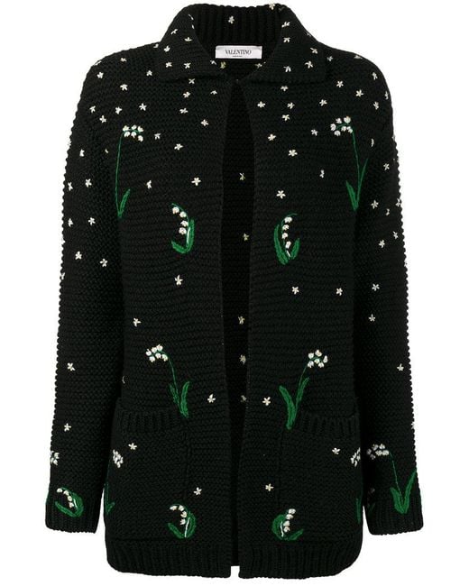 Valentino Black Lily Of The Valley Floral Embroidered Maxi Cardigan