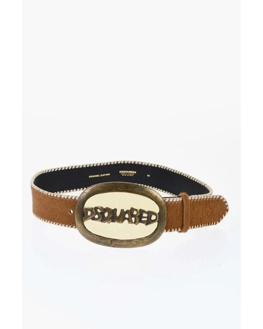 DSquared² Brown Logo-Buckle Calf Hair Belt