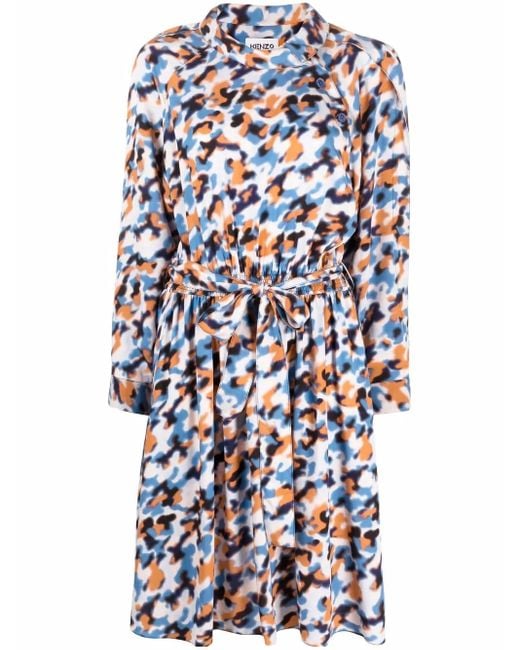 KENZO Blue Abstract-Print Drawstring-Waist Midi Dress