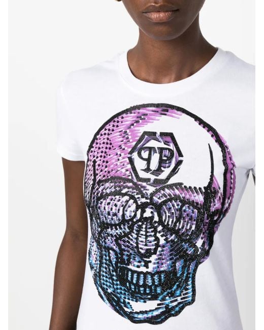 Philipp Plein Blue Crystal-Embellished Skull-Print T-Shirt