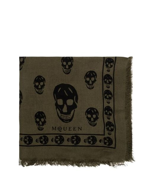 McQueen Green Skull-Print Scarf for men